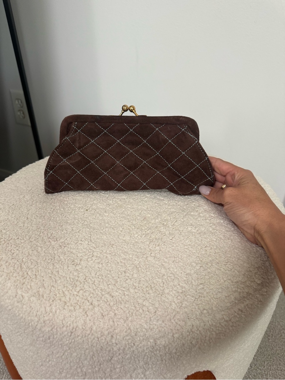 Rita Wilcox Quilted Brown Suede Clasp Wristlet